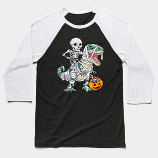 Skeleton Riding Mummy Dinosaur T rex Halloween Kids Boys Men Baseball T-Shirt